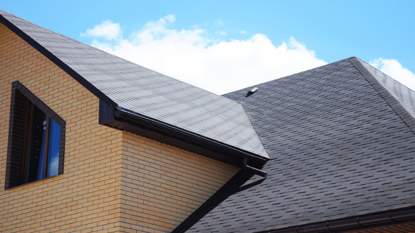 The roof of a house with a bird perched on it